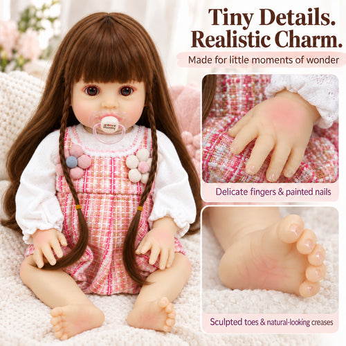 TOLIKE 18-Inch Long Brown Hair Reborn Baby Doll in Pink Plaid Outfit