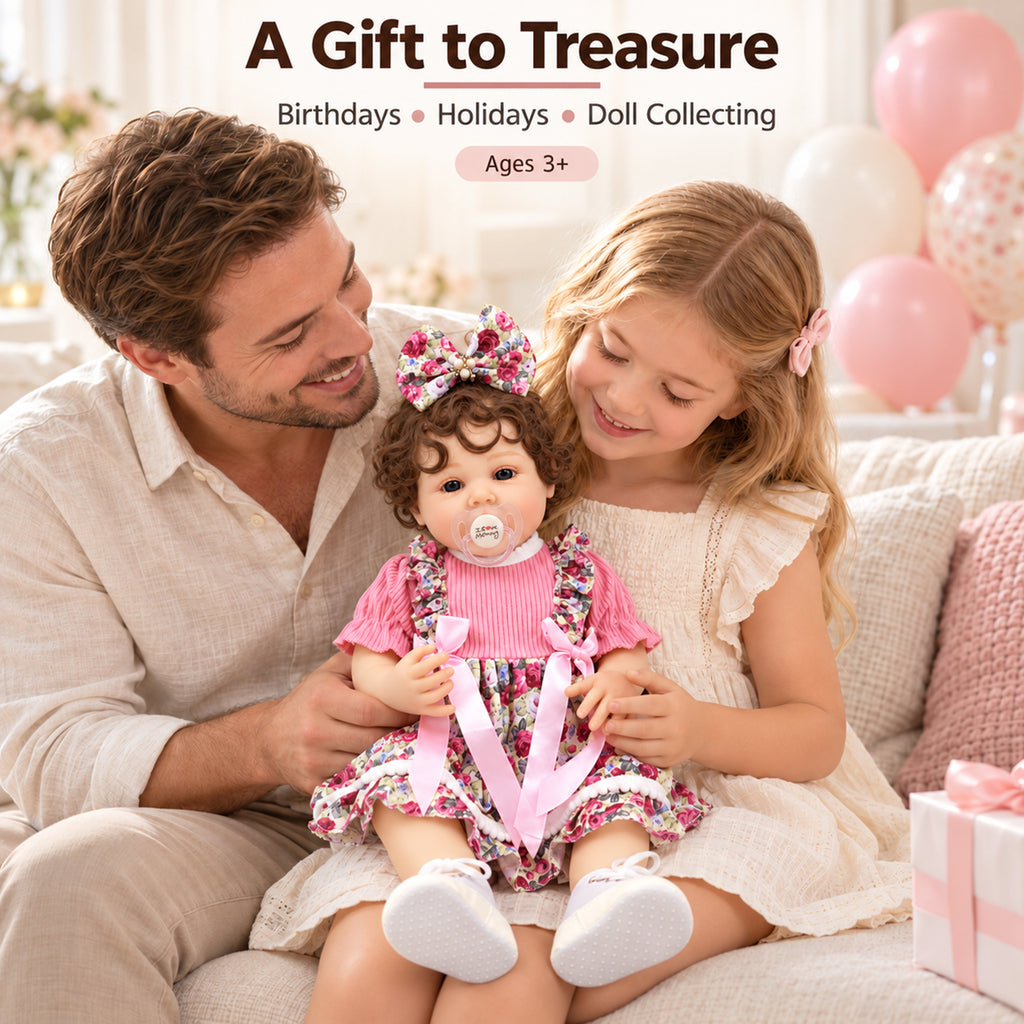 TOLIKE 22-Inch Reborn Baby Doll with Brown Curls & Floral Dress