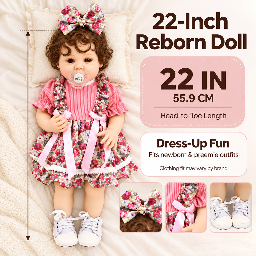 TOLIKE 22-Inch Reborn Baby Doll with Brown Curls & Floral Dress