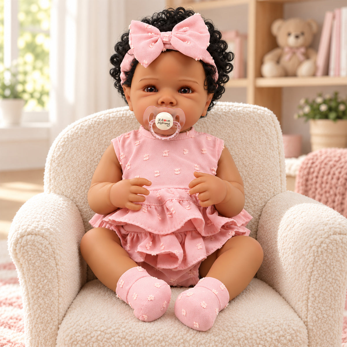 TOLIKE 18-Inch Curly-Hair Reborn Baby Doll in Pink Ruffle Outfit