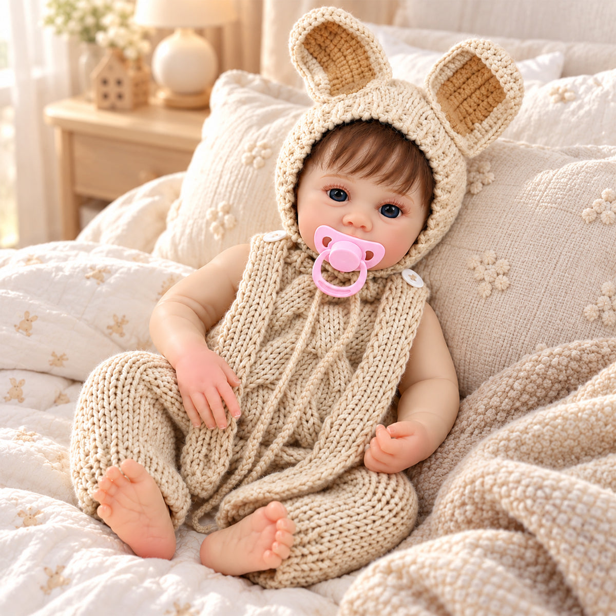TOLIKE 18-Inch Reborn Baby Doll with Blue Eyes & Knit Bunny Outfit